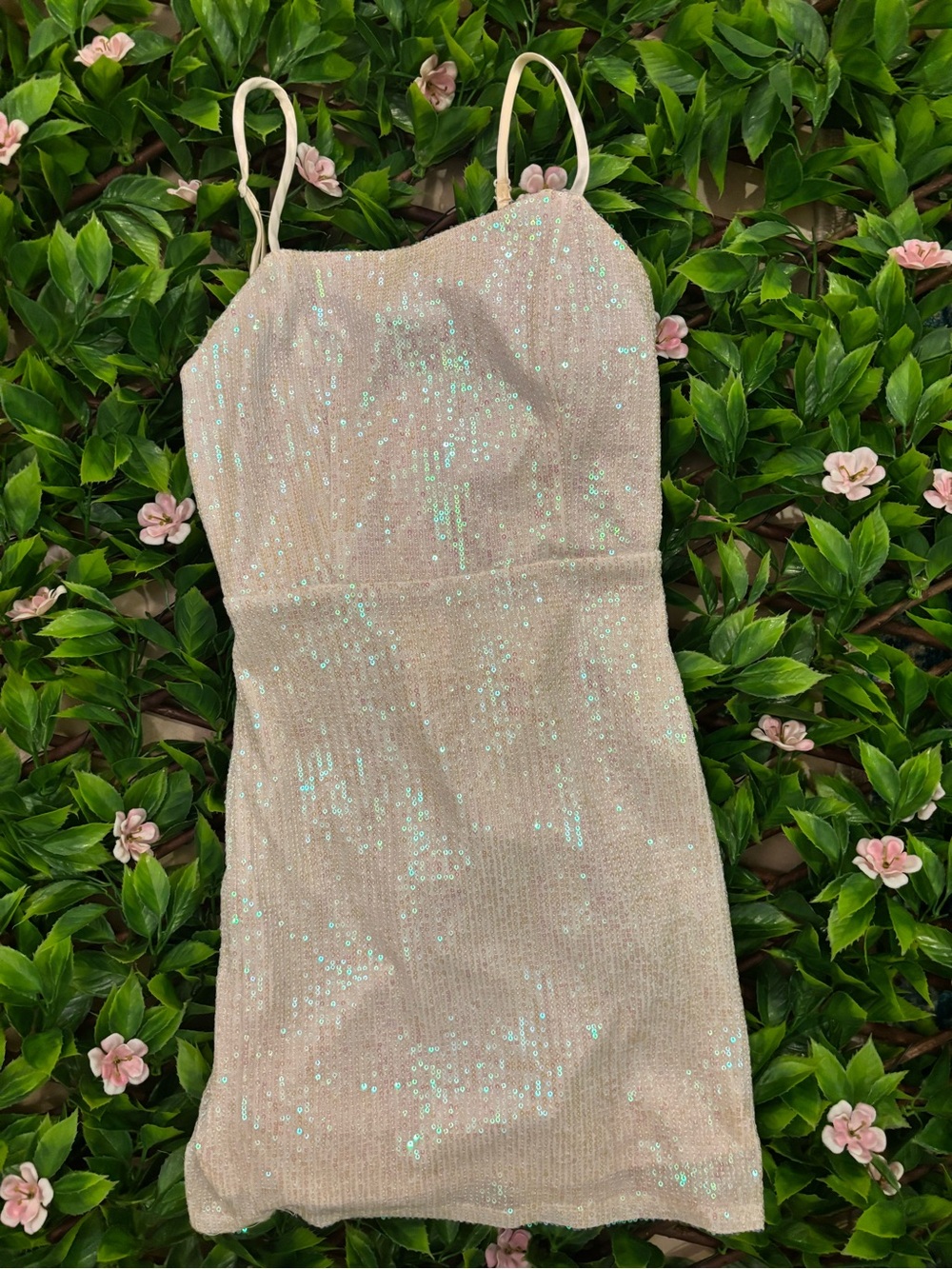 Crystal Doll Iridescent Sequin Mini Dress - Ivory with Aqua Sparkle